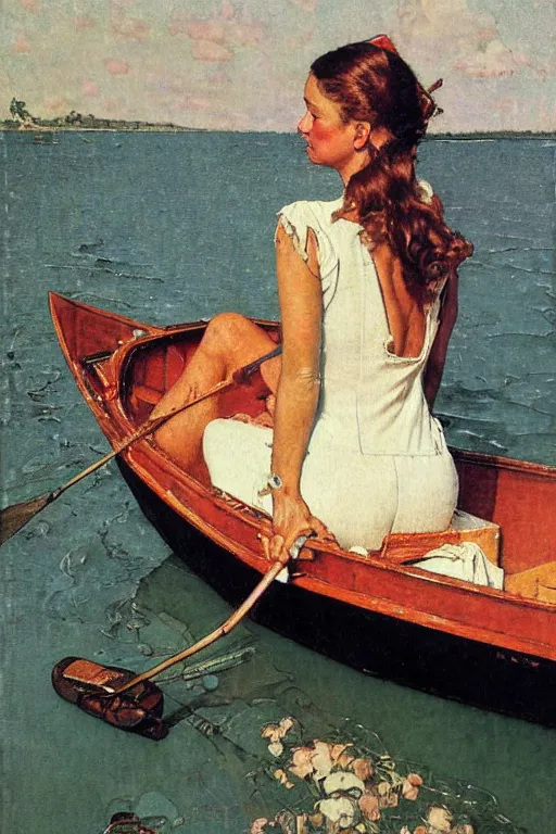 Image similar to portrait of woman in a boat, painted by Norman Rockwell