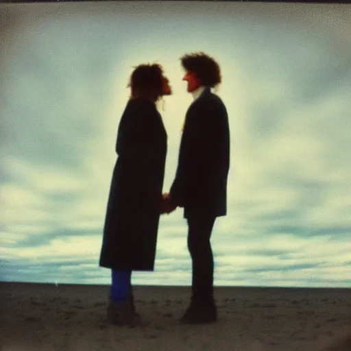 Image similar to 9 0 s polaroid photograph of a man and woman both wearing trenchcoats at night, dancing together on a beach during cloudy weather, vignette