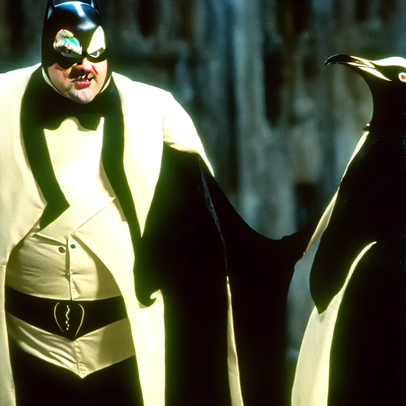 Prompt: jack black as the penguin villain in batman returns, movie still, 8 k,