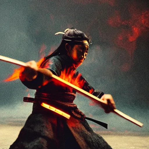 Prompt: cinematic film still of Lil’ Wayne starring as a Samurai holding fire, Japanese CGI, VFX, 2022, 40mm lens, shallow depth of field, film photography