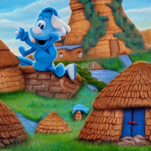 Prompt: the smurf village, artwork by disney