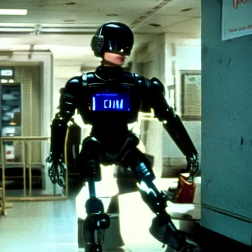 Image similar to cinematic still of michael j fox as robocop in the movie robocop 1 9 8 7