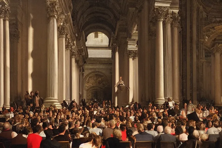 Image similar to medium size crowd listens to a hermeneutic pipe organ concert in a vast basilica, matte painting, scenic full shot, ambient lighting, detailed baroque oil painting by caravaggio and goya