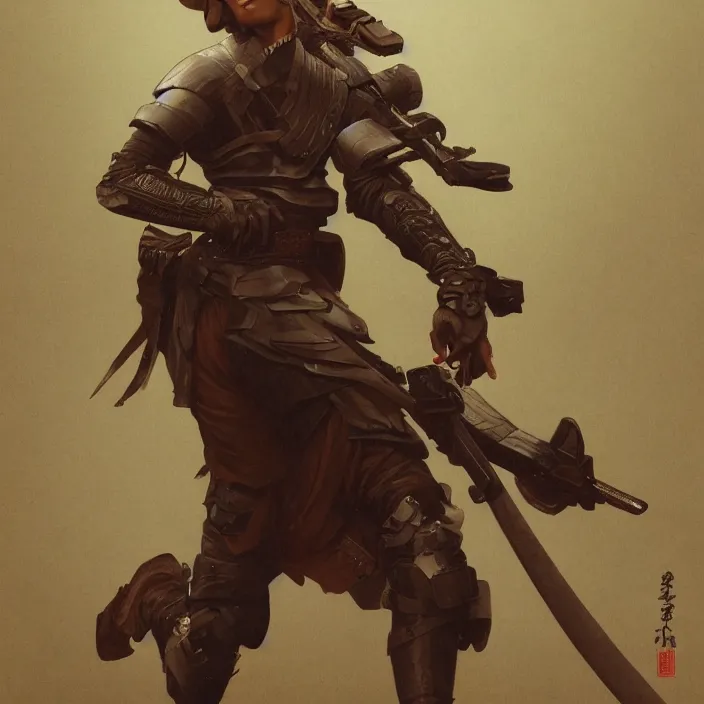 Image similar to a samurai holding a machine gun, au naturel, intricate, hyper realise, digital art, artstation, concept art, smooth render, sharp focus, ian sprigger, artgerm, greg rutkowski, alphonse mucha, william adolphe bouguereau