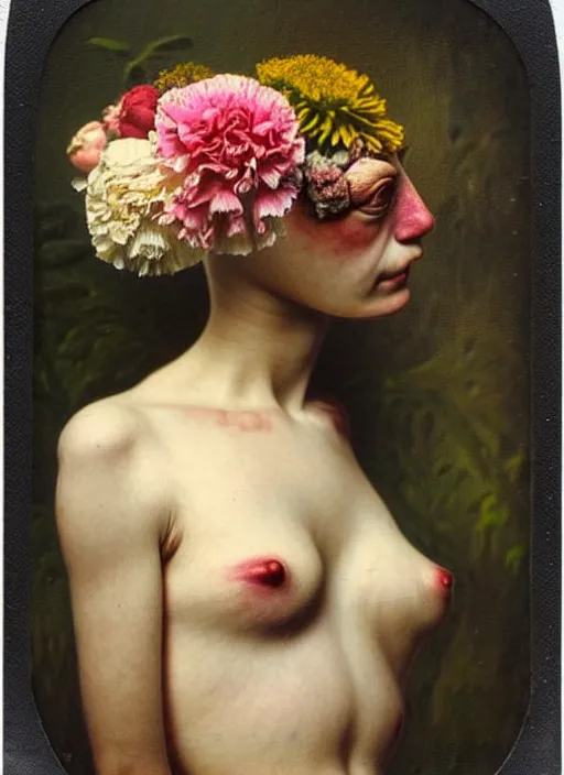 Image similar to beautiful and detailed rotten woman made of plants and many types of stylized flowers like carnation, chrysanthemum, roses and tulips, intricate, surreal, vladimir volegov, john constable, guy denning, gustave courbet, caravaggio, romero ressendi, 1 9 1 0 polaroid photo