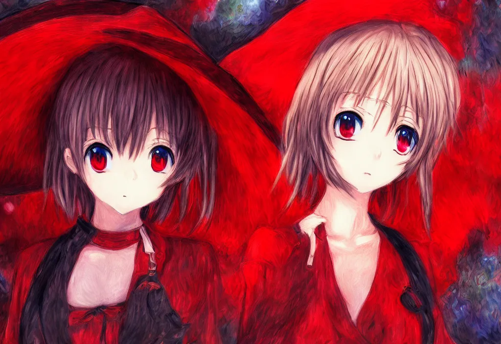 Image similar to detailed face, a cute red outfit, tokyo anime scener, very anime in impressionist style, anime trending artwork, anime painter studio, by claude monet