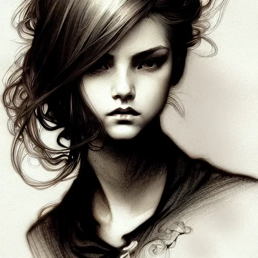 Image similar to black and white pen and ink sketch of a scottish teenage girl with dark blonde hair, glowing skin, intelligent face, fantasy, intricate, elegant, dress shirt, highly detailed, digital painting, artstation, concept art, smooth, sharp focus, illustration, art by Krenz Cushart and Artem Demura and alphonse mucha