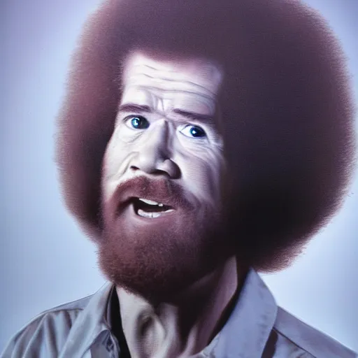 Prompt: bob ross wielding a machete, studio lighting, menacing, hyper realism, 24mm lens,