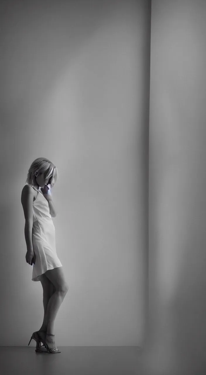 Image similar to cute annie leonhart in open toe heels in a white dress in a white room, beautiful face, pale skin, rule of thirds, cinematic lighting, rainy weather, melancholy atmosphere, sharp focus, backlit, stunning, model agency, smooth, hard focus, full body shot, instagram photo, shot on sony a 7 iii, hyper realistic,