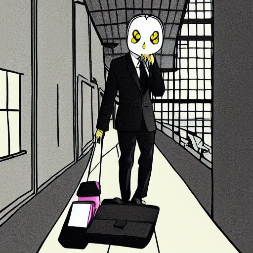 Prompt: barn owl in a black suit wearing an office bag going to the office,drawn by Hayao Miyazaki , highly detailed,anime, anime shot,anime colours, inspired by My Neighbor Totoro 1988,cell shading,volumetric dynamic lighting,anime lighting