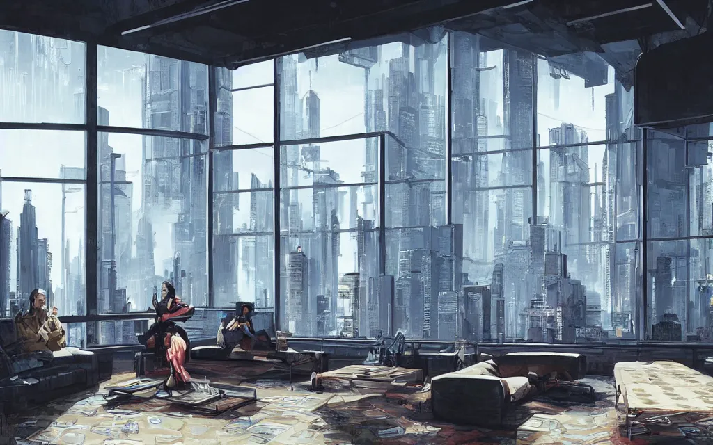Image similar to cyberpunk loft lounge with tall windows, no people, city in background, drawn by feng zhu