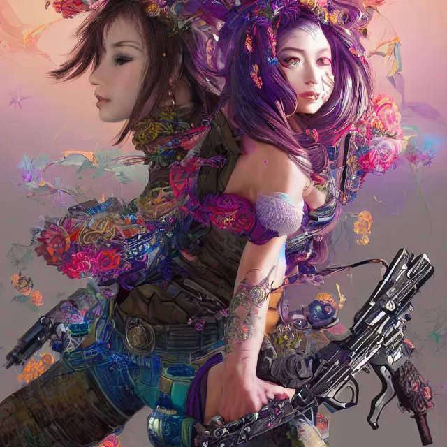 Prompt: the portrait of chaotic neutral colorful female gunner assassin as absurdly beautiful, gorgeous, elegant, playful, sensual gravure idol, an ultrafine hyperdetailed illustration by kim jung gi, irakli nadar, intricate linework, bright colors, octopath traveler, final fantasy, unreal engine 5 highly rendered, global illumination, radiant light, detailed and intricate environment