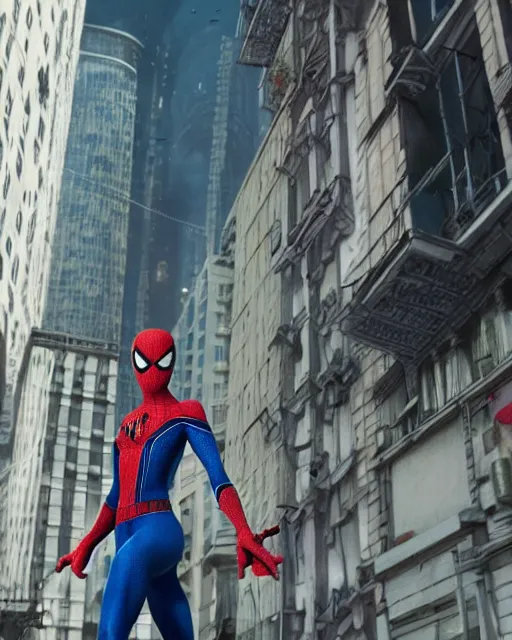 Image similar to A photo of an live-action animated SpiderMan movie starring emma watson. Emma watson face reveal. rendered in Unreal Engine, 8K concept art, detailed, cohesive, mixed media, volumetric lighting, ambient occlusion, 8K 3D, shot on Kodak Ektar