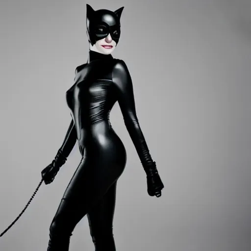 Image similar to Fully-clothed full-body portrait of Emma Stone as catwoman, trending on VSCO, XF IQ4, 55mm, studio lighting, shiny