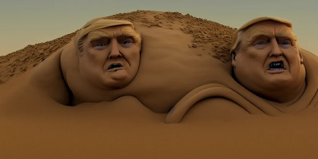 Prompt: the giant sand sculpted face of donald trump as baron vladimir harkonnen emerging from a sand dune, cinematic, surrealistic, supernatural, artstation