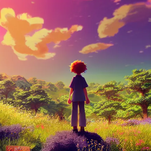 Image similar to ! dream! dream a wholesome animation key shot of a bernedoodle on a hill, fluffy pink anime clouds, studio ghibli, pixar animation, sharp, rendered in unreal engine 5, anime key art, bloom, dramatic lighting