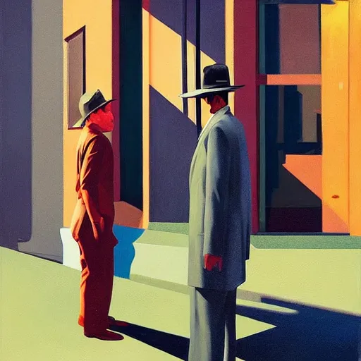 Prompt: LA noir detectives on crime scene, very coherent, painted by Edward Hopper, Wayne Barlowe, painted by James Gilleard, airbrush, art by JamesJean