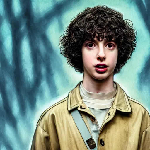 Image similar to portrait, Finn Wolfhard in Stranger Things universe, watercolor, dramatic lighting, cinematic, establishing shot, extremely high detail, foto realistic, cinematic lighting, digital art, vector, by Yoshitaka Amano, Ruan Jia, Kentaro Miura, Artgerm, post processed, concept art, artstation, matte painting, style by eddie mendoza, raphael lacoste, alex ross