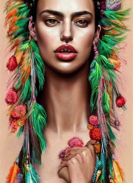 Image similar to beautiful portrait of Irina Shayk wearing dramatic Hand-dyed cotton dress,embellished beaded feather decorative fringe knots ,colorful pigtail,subtropical flowers and plants,symmetrical face,intricate,elegant,highly detailed,8k,digital painting,trending on pinterest,harper's bazaar,concept art, sharp focus, illustration,golden ratio,by artgerm,Tom Bagshaw,Lawrence Alma-Tadema,greg rutkowski