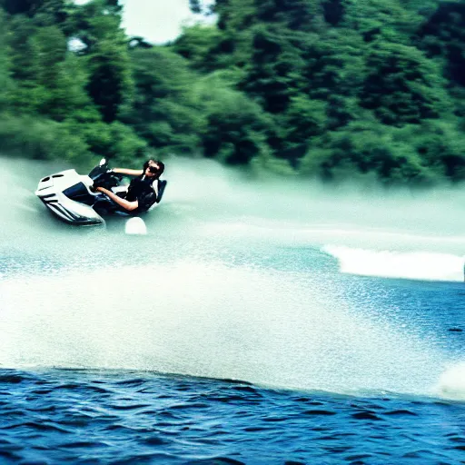 Image similar to photo of tom cruise riding jetski, cinestill, 800t, 35mm, full-HD