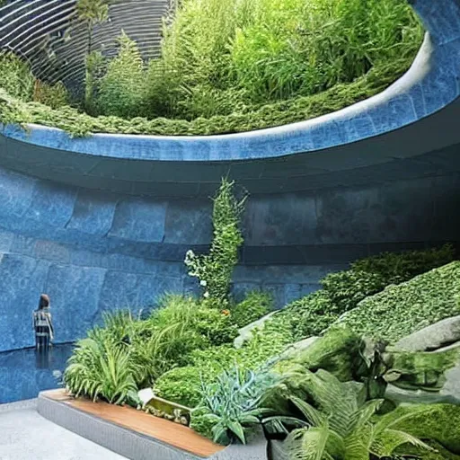 Prompt: a large curvilinear futuristic room made of blue slate, startrek style, filled with plants, vegetation, rocks and a swimming pool.