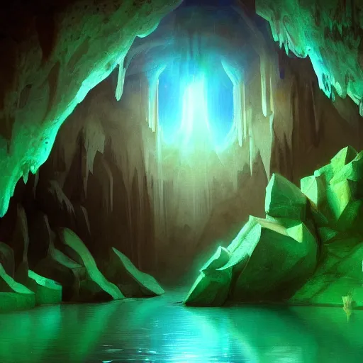 Prompt: glowing crystal cavern painting in the style of Albert Bierstadt, HD wallpaper, concept art, trending on art station