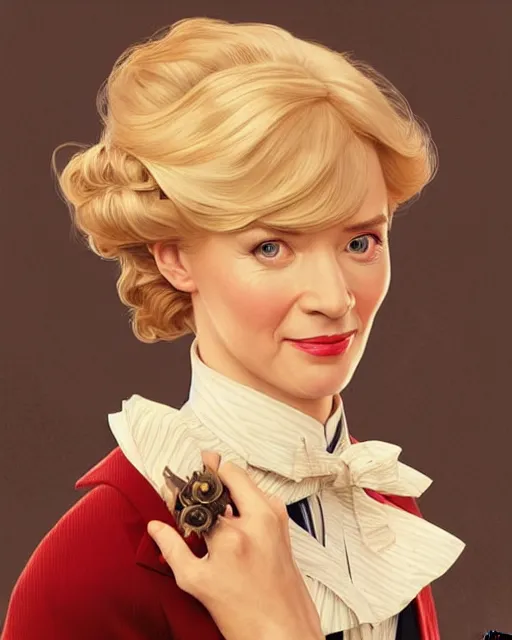 Prompt: Portrait of a  blonde lady and Michael mcintyre as characters in the Mary Poppins,real life skin, intricate, elegant, highly detailed, artstation, concept art, smooth, sharp focus, art by artgerm and greg rutkowski and alphonse mucha