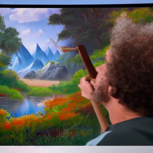 Image similar to a closeup photorealistic photograph of bob ross working on a canvas painting of mickey mouse. film still. brightly lit scene. mountains and trees. this 4 k hd image is trending on artstation, featured on behance, well - rendered, extra crisp, features intricate detail, epic composition and the style of unreal engine.