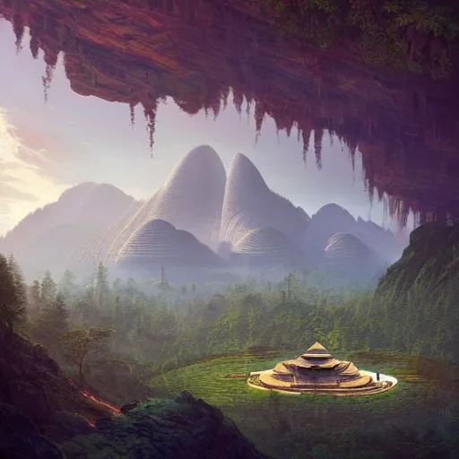 Prompt: A beautiful hyper realistic detailed matte painting of a lotus shaped temple nestled in forest mountains by John Howe and Albert Bierstadt and Alena Aenami and dan mumford and dave noton, unreal engine, trending on behance