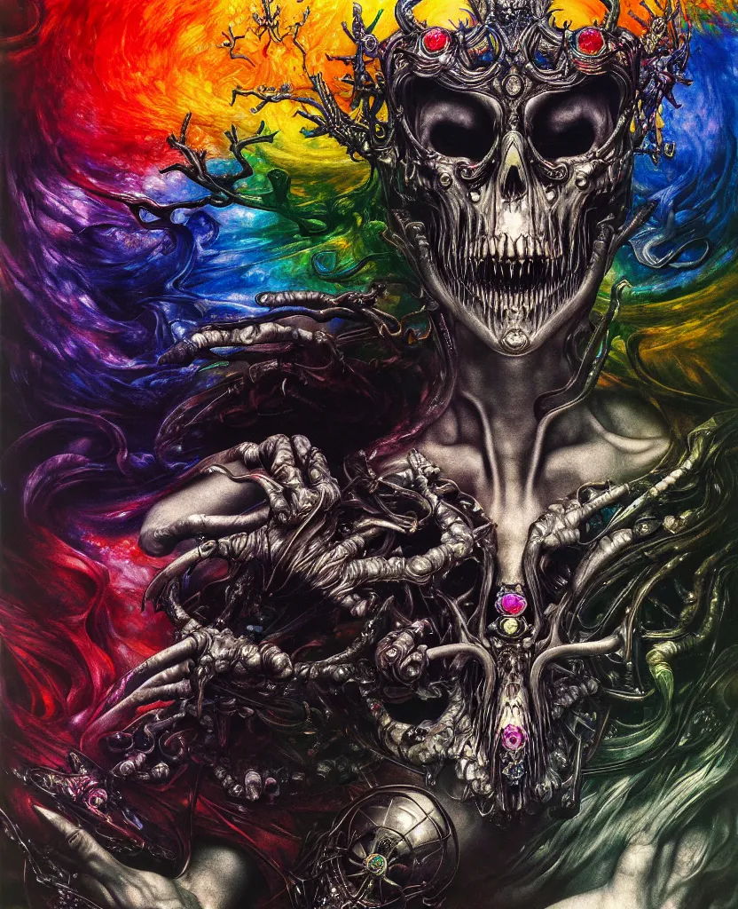 Image similar to realistic detailed image of ultra wrathful rainbow diamond iridescent mega chromed god of death, depth perception, depth of field, action horror by ayami kojima, neo - gothic, gothic, part by adrian ghenie and gerhard richter. art by wojtek siudmak, masterpiece