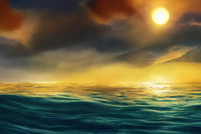 Prompt: sun, waves, sky, land, town, digital painting, illustrated by max hay