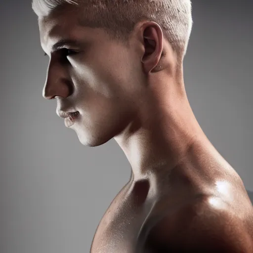 Image similar to a portrait of a beautiful young male wearing an alexander mcqueen croptop made of latex , photographed by andrew thomas huang, artistic