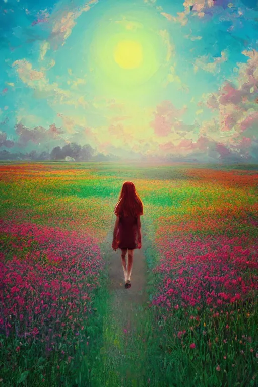 Image similar to giant flower head, girl walking in a flower field, surreal photography, sunrise, dramatic light, impressionist painting, colorful clouds, digital painting, artstation, simon stalenhag