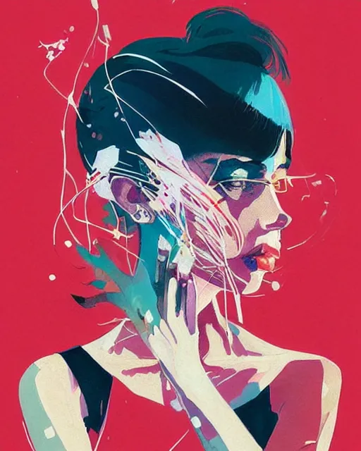 Image similar to an ultradetailed beautiful painting of a stylish woman with colorful band aids, concert poster, retro, conrad roset, greg rutkowski