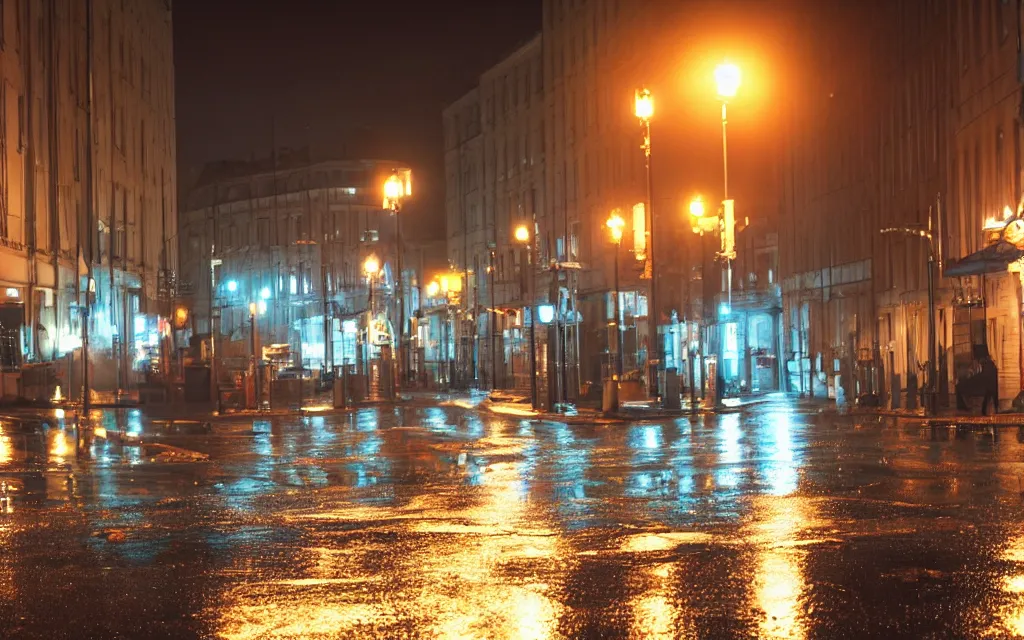 Image similar to wet helsinki street at night, in the style of grand theft auto gameplay