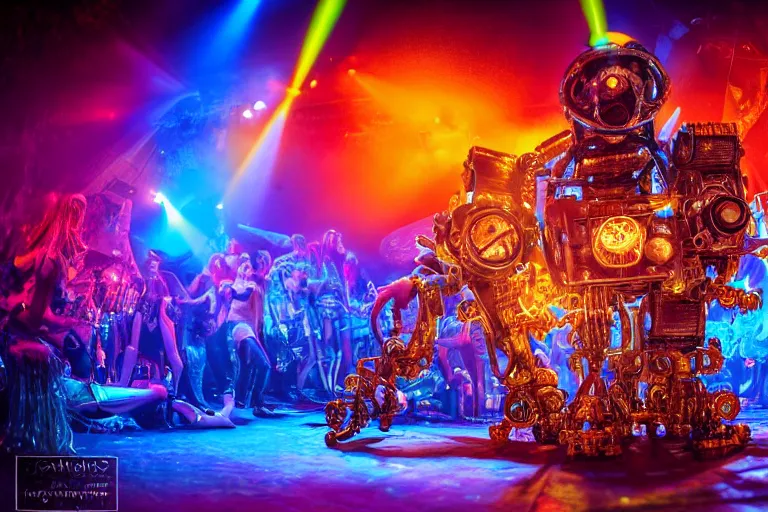 Image similar to scene is la troya party in amnesia in ibiza, portrait photo of a giant huge golden and blue metal steampunk robot, with gears and tubes, eyes are glowing red lightbulbs, shiny crisp finish, 3 d render, 8 k, insaneley detailed, fluorescent colors, haluzinogetic, background is multicolored lasershow