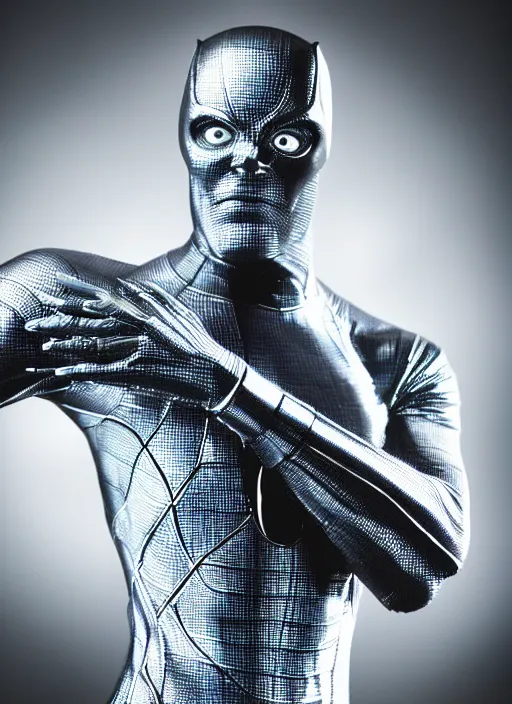 Image similar to A full portrait photo of silver surfer marvel, f/22, 35mm, 2700K, lighting, perfect faces, award winning photography.