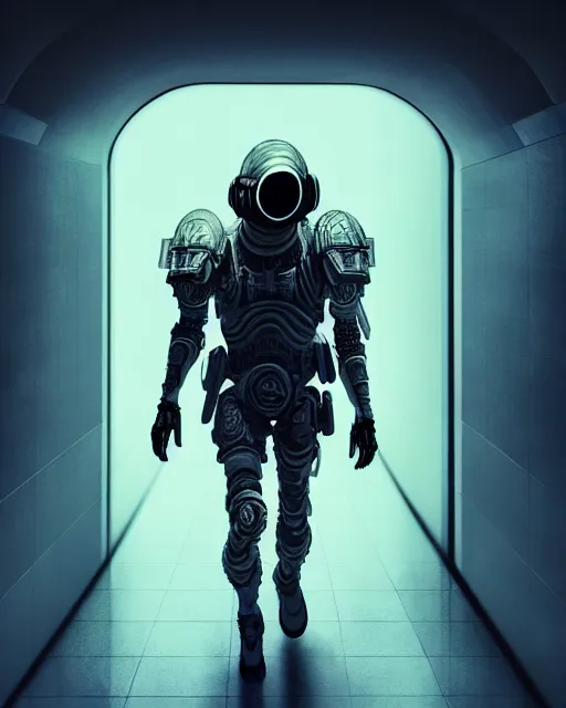 Image similar to ultra realist and ultra intricate detailed soft painting of a sci-fi armored male, no face, walking down futuristic hallway, sensual gloomy style, volumetric clouds, unreal render, depth of field