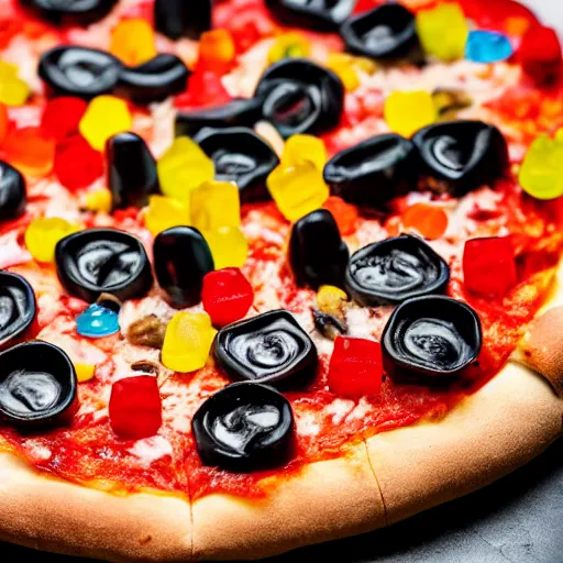 Image similar to A delicious plate of pizza with gummy bears on, close up food photography, studio lighting, Sigma 35mm f/1.4