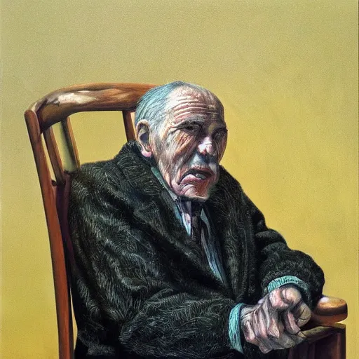 Image similar to macabre magic realism portrait old man sitting in chair : : oil painting by ivan albright