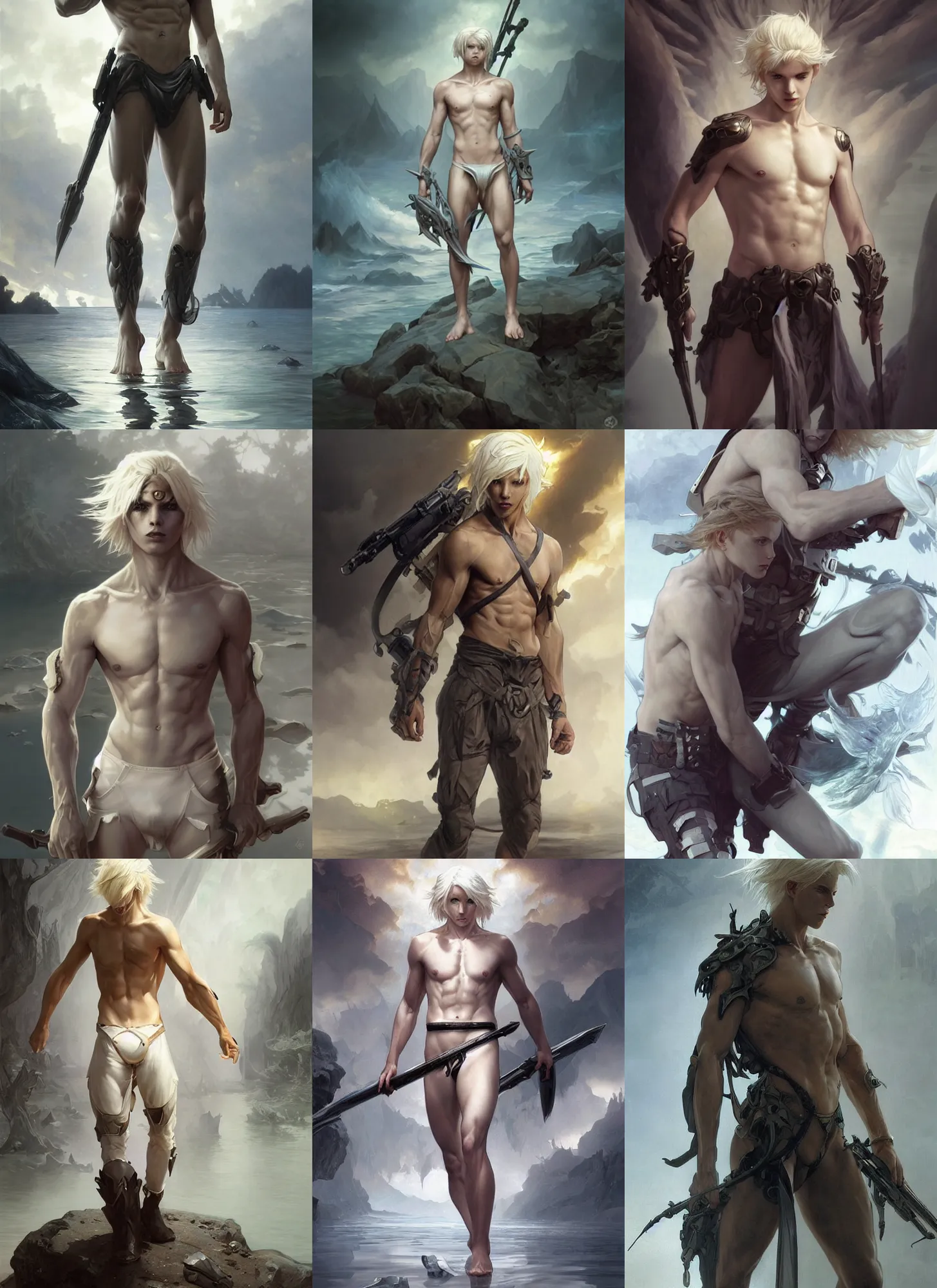 Prompt: beautiful soldier young teenage male boy walking on water, platinum blonde long hair, white shiny skin, demonic eyes, low fantasy, extremely detailed, sharp focus, smooth, digital illustration, art by artgerm and greg rutkowski and alphonse mucha and ruan jia