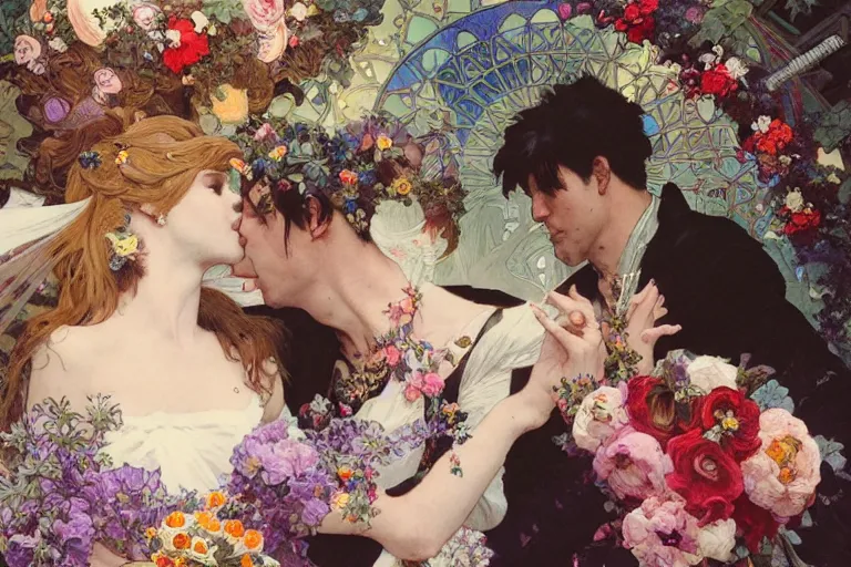 Image similar to the groom kisses the bride at a wedding full of flowers, bright and happy, dreamlike art, highly detail, 4 k realistic, wedding photoy krenz cushart. artem demura. alphonse mucha. yoji shinkawa artgerm. jon lothian. danilo torres. adi meyers. thomas reimann. gaston bussiere.