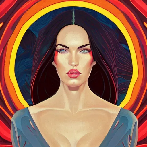 Prompt: centered portrait of megan fox by tyler edlin and petros afshar and christopher balaskas and marius borgeaud and kiliain eng, maximalist art nouveau, well proportioned, highly detailed