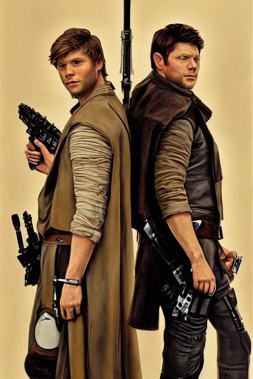 Image similar to a detailed matte picture of jensen ackles dressed as has solo and misha collins as luke skywalker, masterpiece, 8 k, art by alphonse mucha and greg rutkowski