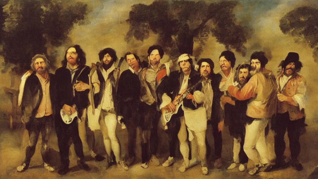 Prompt: Band members of The Grateful Dead in a Spanish village, painted by Francisco de Goya, oil painting