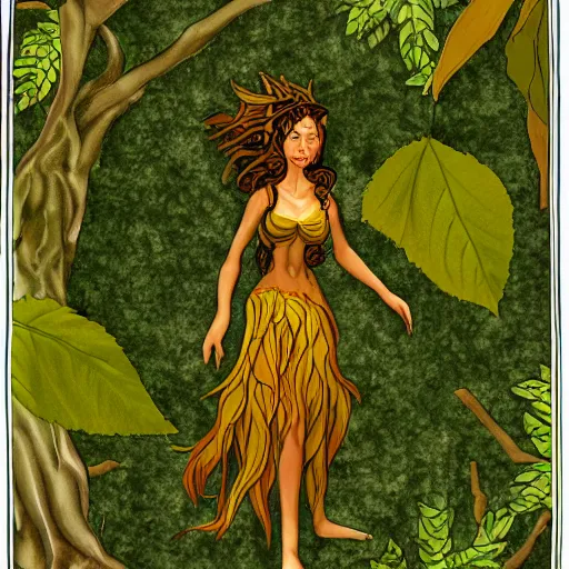 Prompt: dryad, her skin are yellow leaves