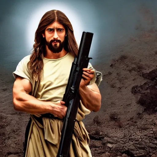 Image similar to Jesus Christ as Rambo holding a large gun with one hand, full body, photography, 4K