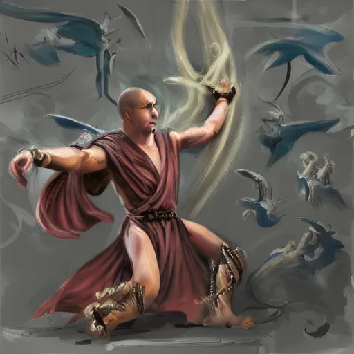 Image similar to winged monk, chaos, unarmed combat, art station, fantasy art, concept painting