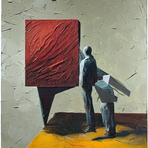 Prompt: an impasto painting by shaun tan of an abstract sculpture by the caretaker and john chamberlain