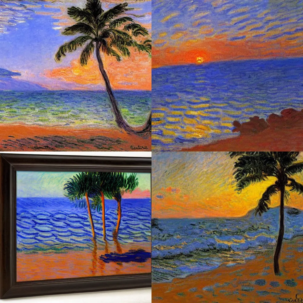 Prompt: sitting on the beach in maui and enjoying the sunset, palmes, rocks, by Claude Monet